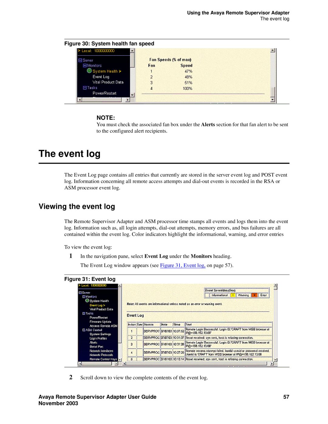 Avaya S8500 manual Event log, Viewing the event log 