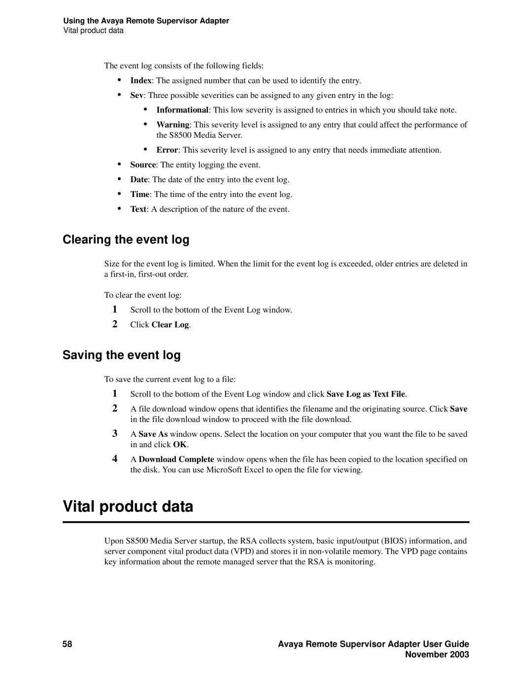 Avaya S8500 manual Vital product data, Clearing the event log, Saving the event log, Click Clear Log 
