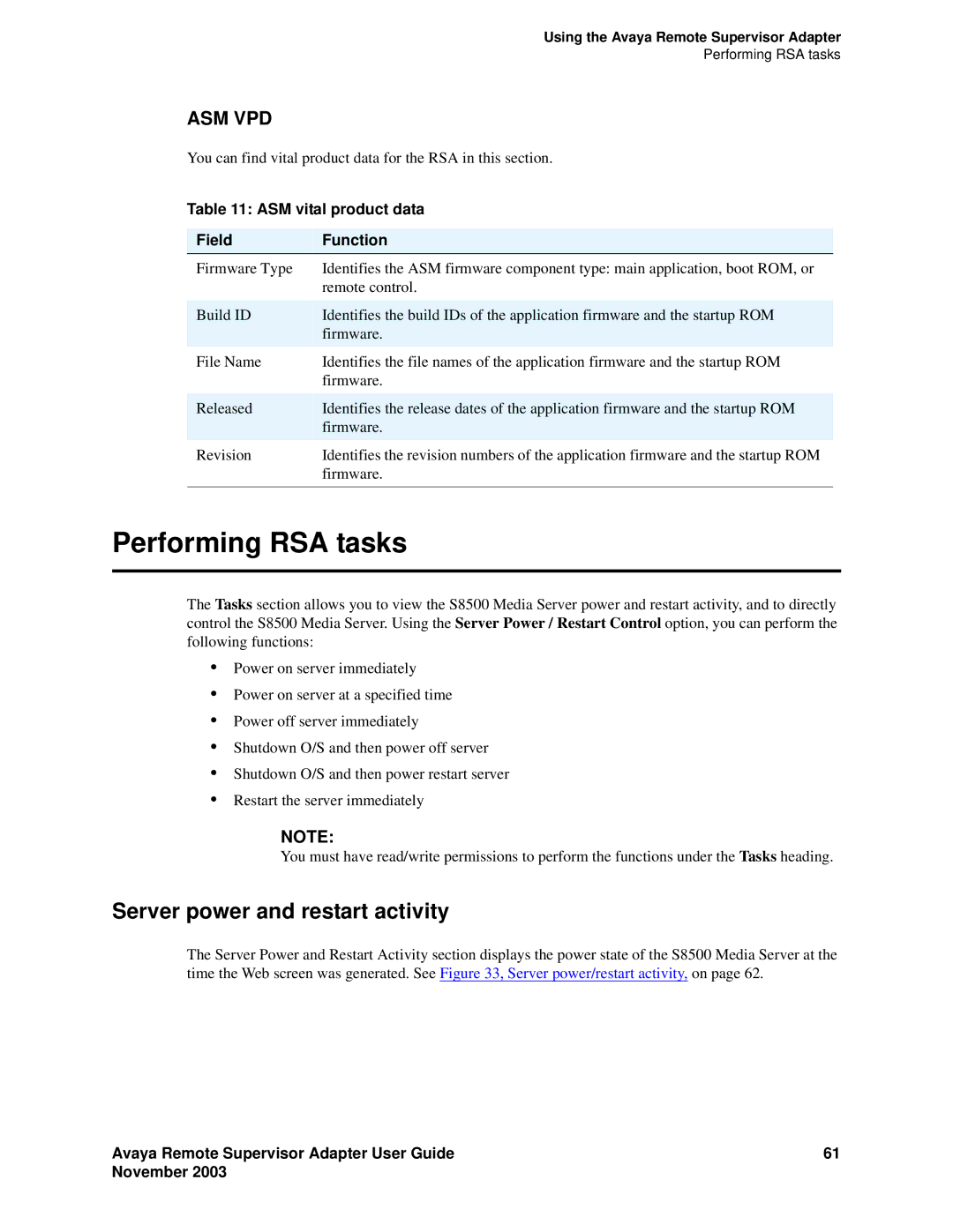 Avaya S8500 manual Performing RSA tasks, Server power and restart activity, ASM vital product data Field Function 