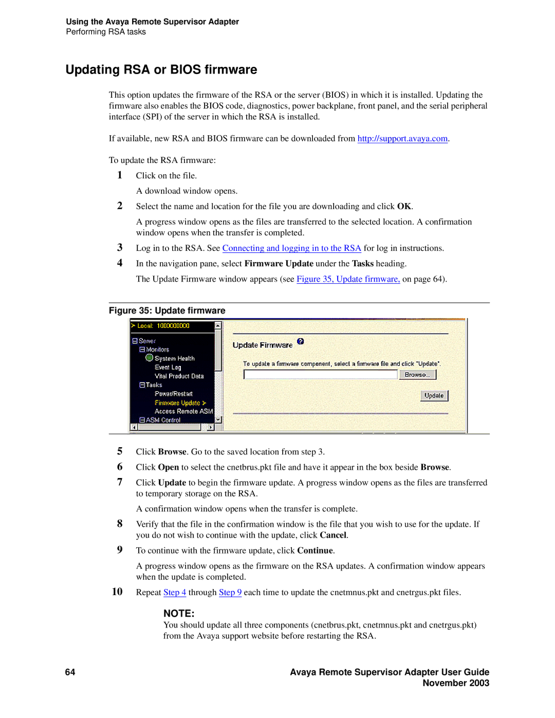 Avaya S8500 manual Updating RSA or Bios firmware, Update firmware 