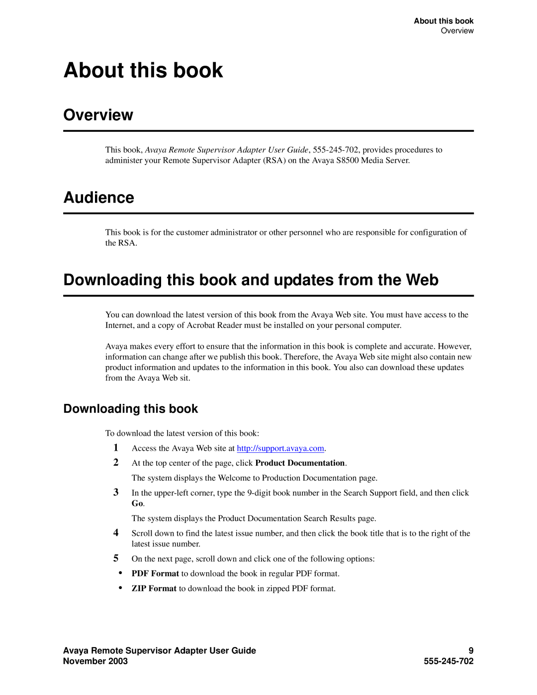 Avaya S8500 manual Overview, Audience, Downloading this book and updates from the Web 