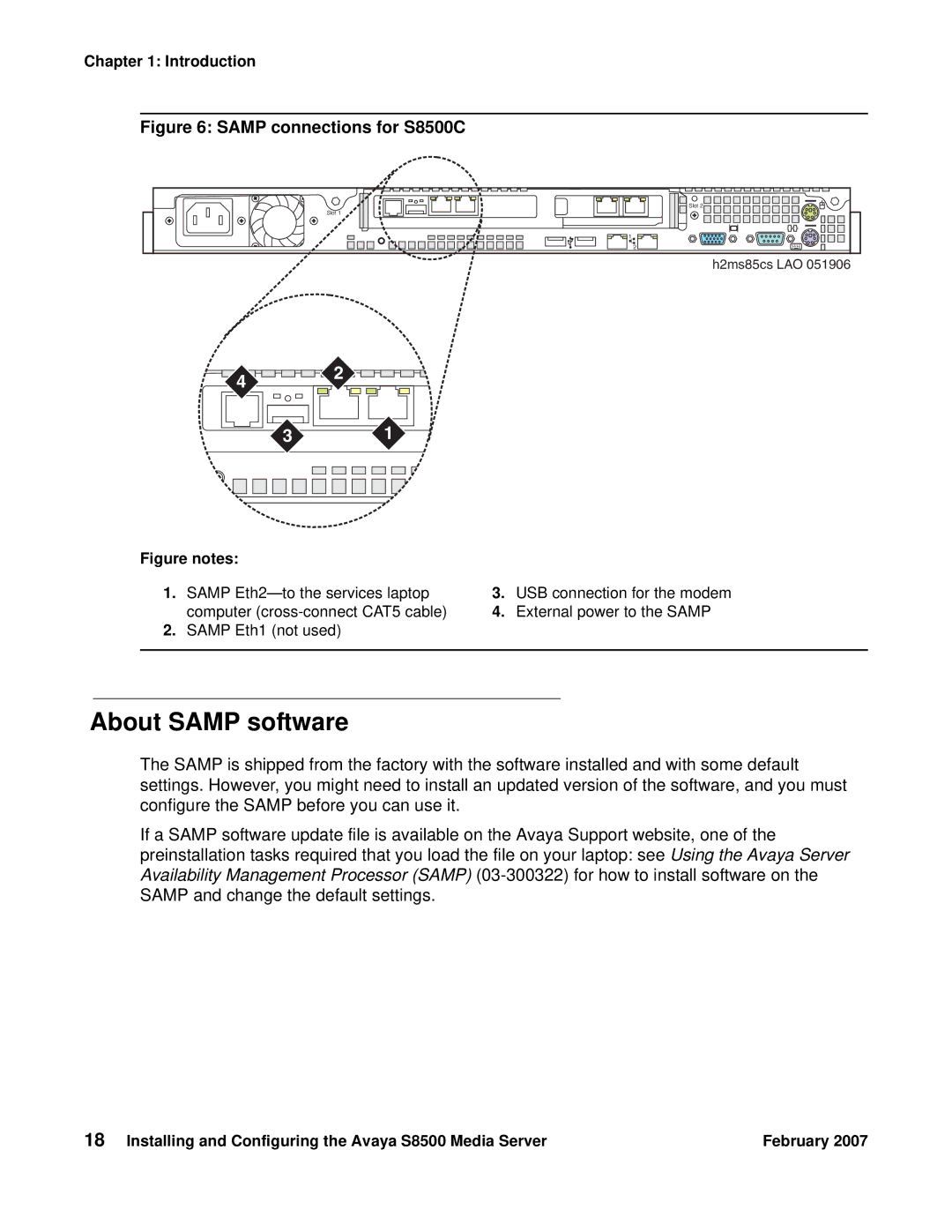 Avaya manual About Samp software, Samp connections for S8500C 