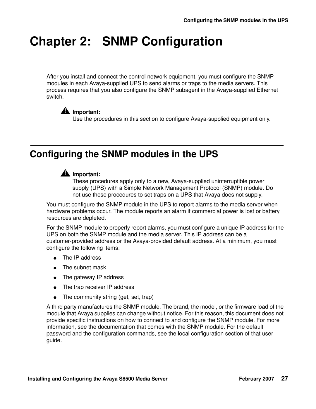 Avaya S8500 manual Snmp Configuration, Configuring the Snmp modules in the UPS 