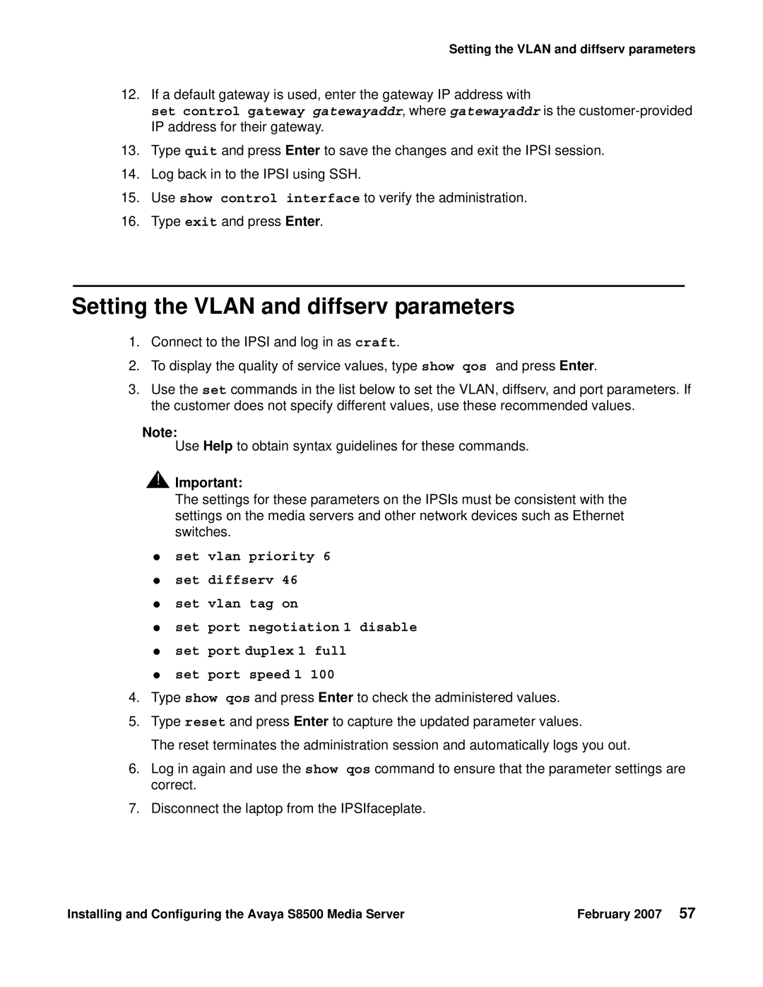 Avaya S8500 manual Setting the Vlan and diffserv parameters 