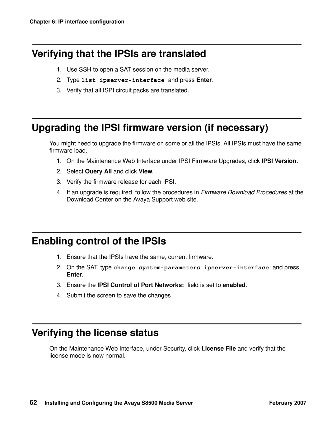 Avaya S8500 manual Verifying that the IPSIs are translated, Upgrading the Ipsi firmware version if necessary 