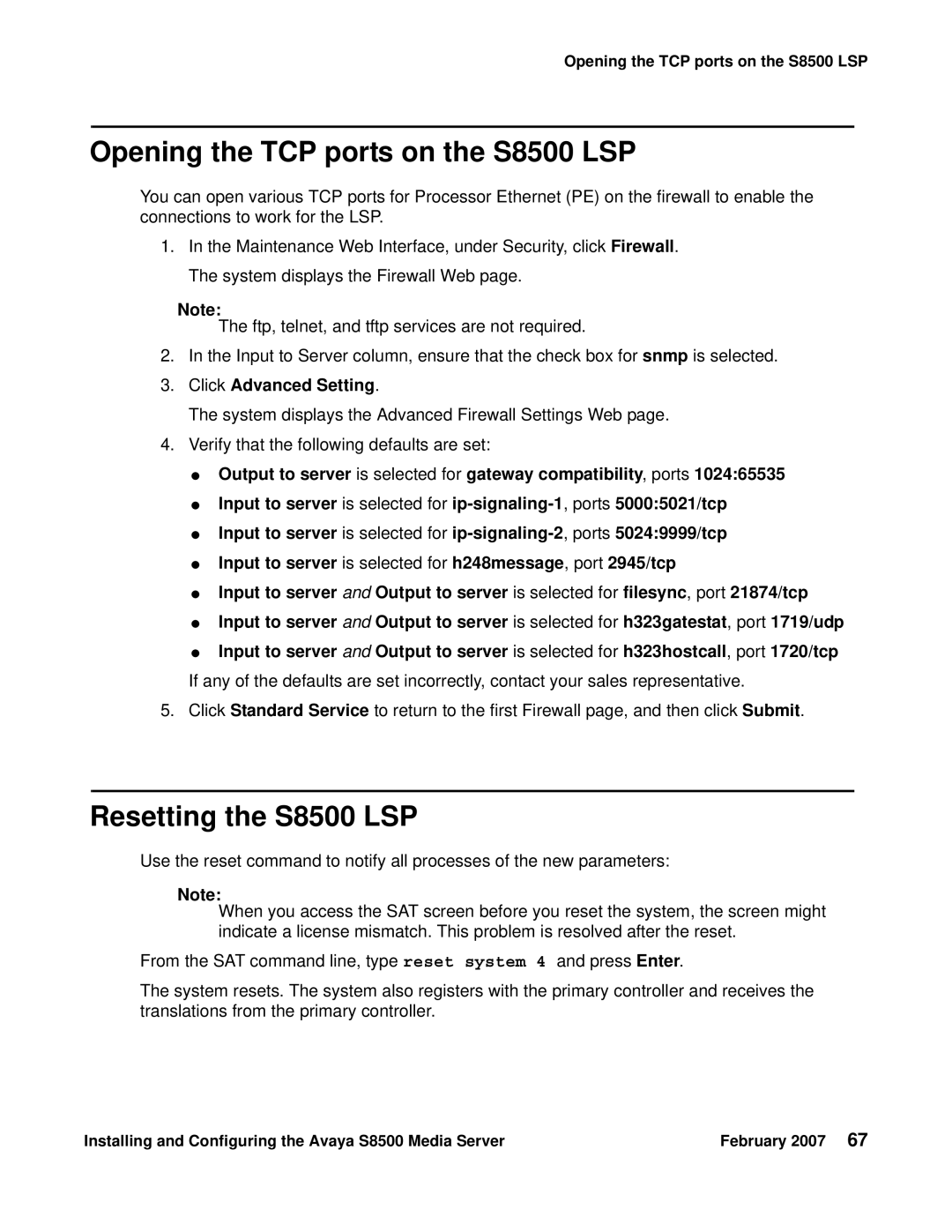 Avaya manual Opening the TCP ports on the S8500 LSP, Resetting the S8500 LSP, Click Advanced Setting 