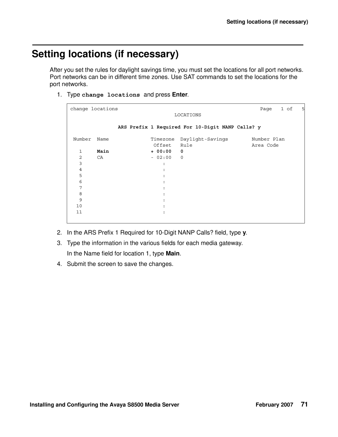 Avaya S8500 manual Setting locations if necessary, Type change locations and press Enter 