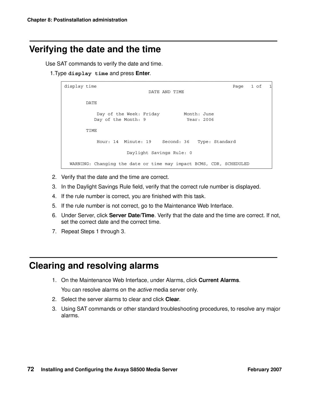 Avaya S8500 manual Verifying the date and the time, Clearing and resolving alarms 