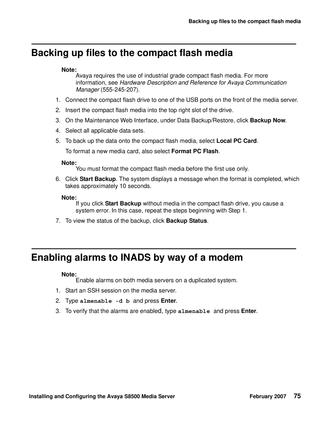 Avaya S8500 manual Backing up files to the compact flash media, Enabling alarms to Inads by way of a modem 