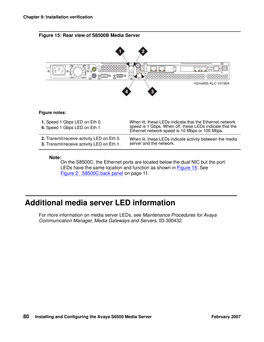 Avaya manual Additional media server LED information, Rear view of S8500B Media Server 