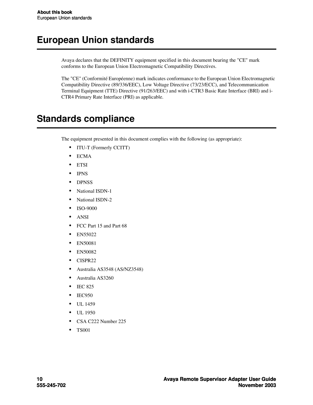 Avaya S8500 manual European Union standards, Standards compliance, Avaya Remote Supervisor Adapter User Guide, 555-245-702 