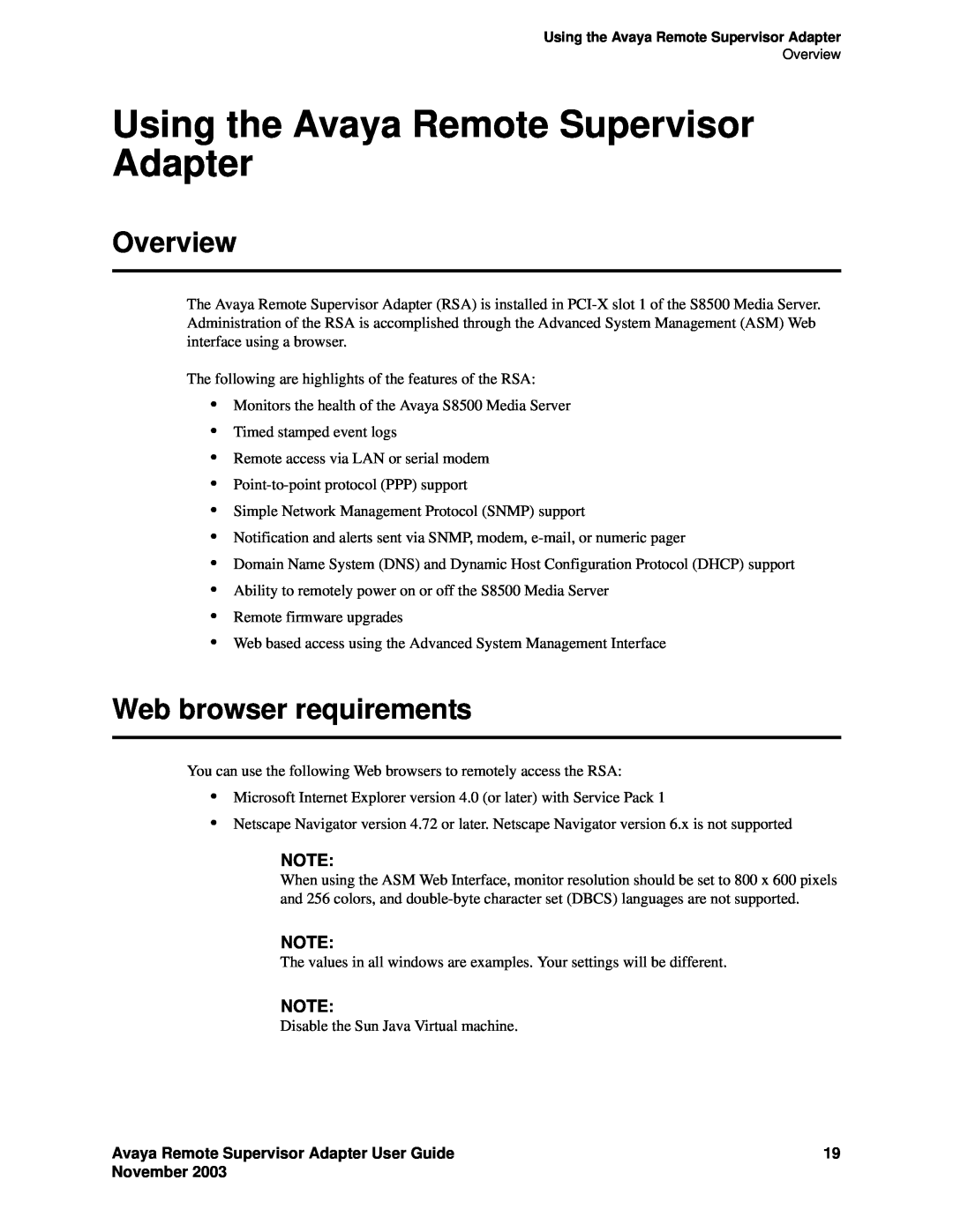 Avaya S8500 manual Using the Avaya Remote Supervisor Adapter, Web browser requirements, Overview, November 