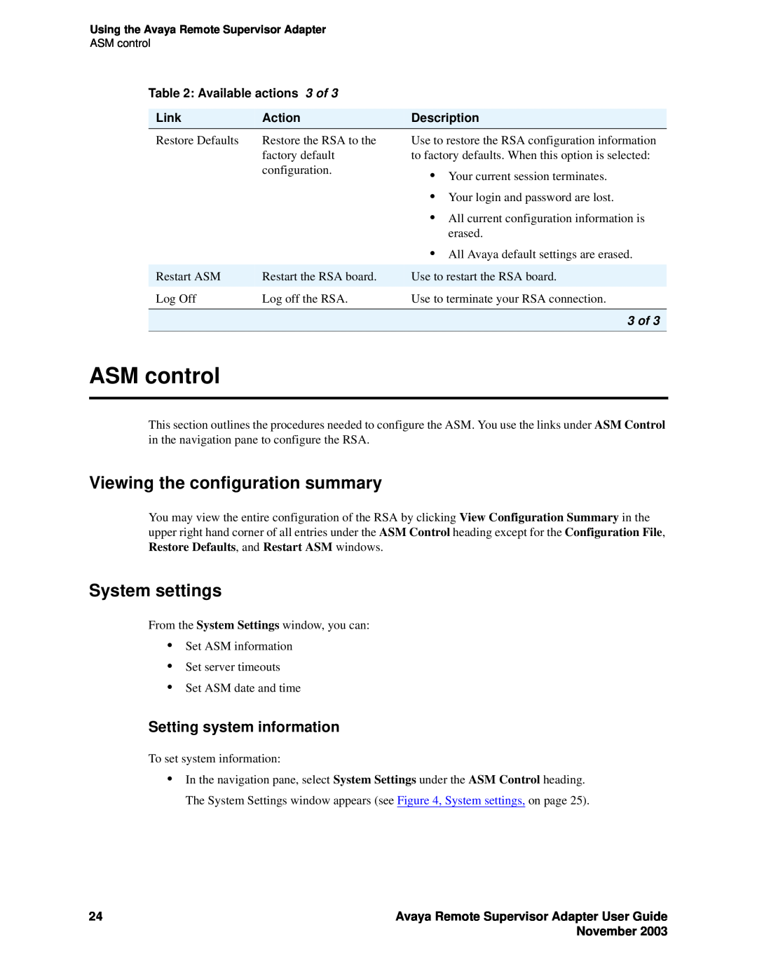 Avaya S8500 ASM control, Viewing the configuration summary, System settings, Setting system information, Link, Action 