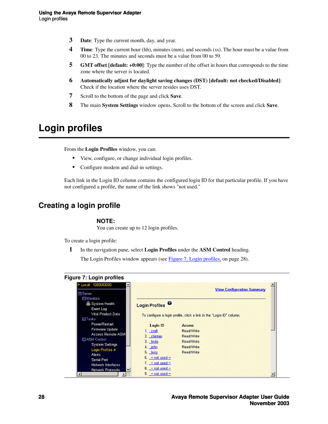 Avaya S8500 manual Login profiles, Creating a login profile, Avaya Remote Supervisor Adapter User Guide, November 