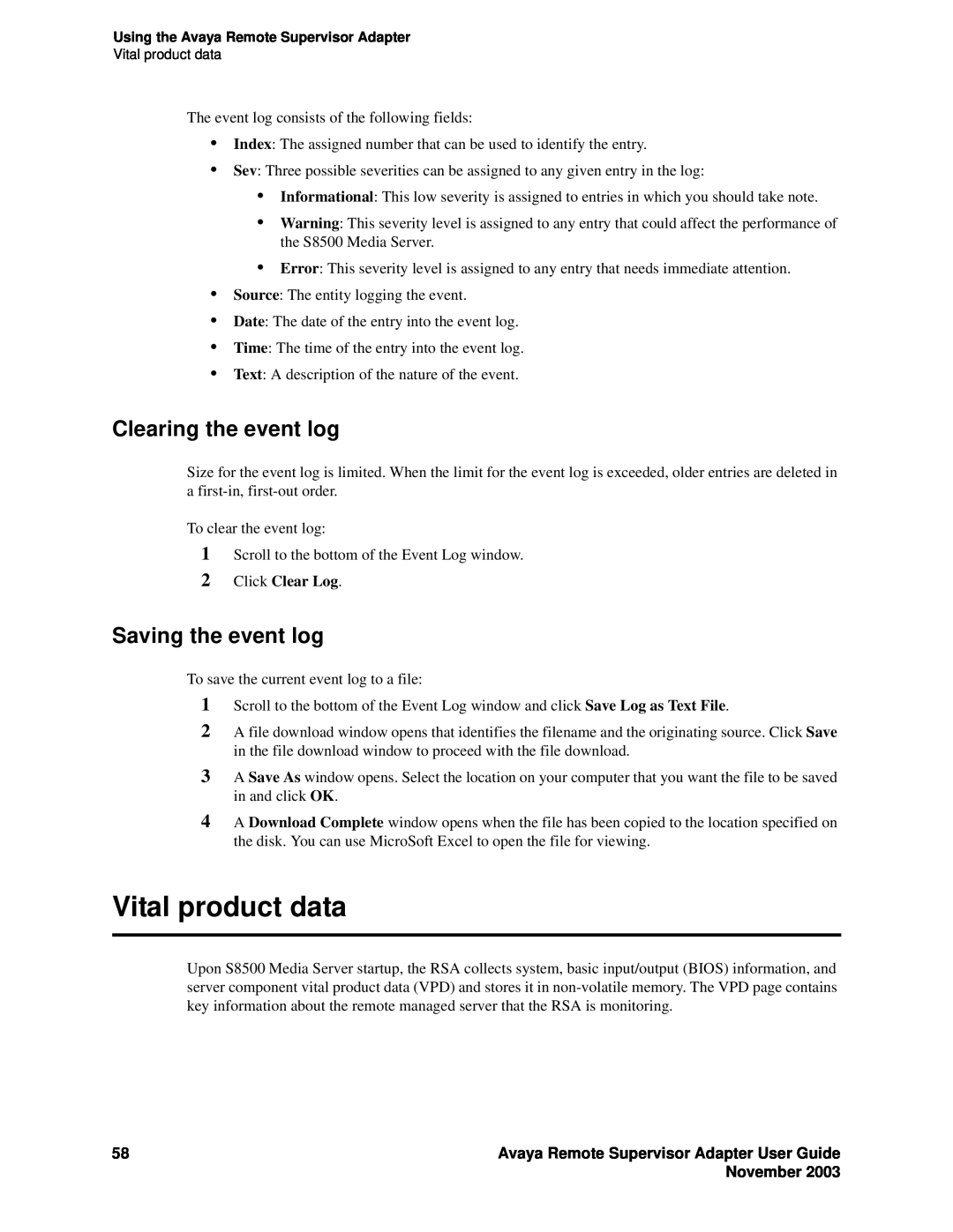 Avaya S8500 manual Vital product data, Clearing the event log, Saving the event log, Click Clear Log, November 
