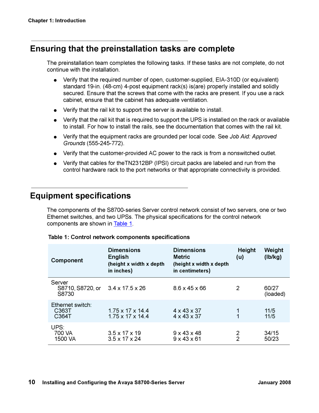 Avaya S8700 manual Ensuring that the preinstallation tasks are complete, Equipment specifications 