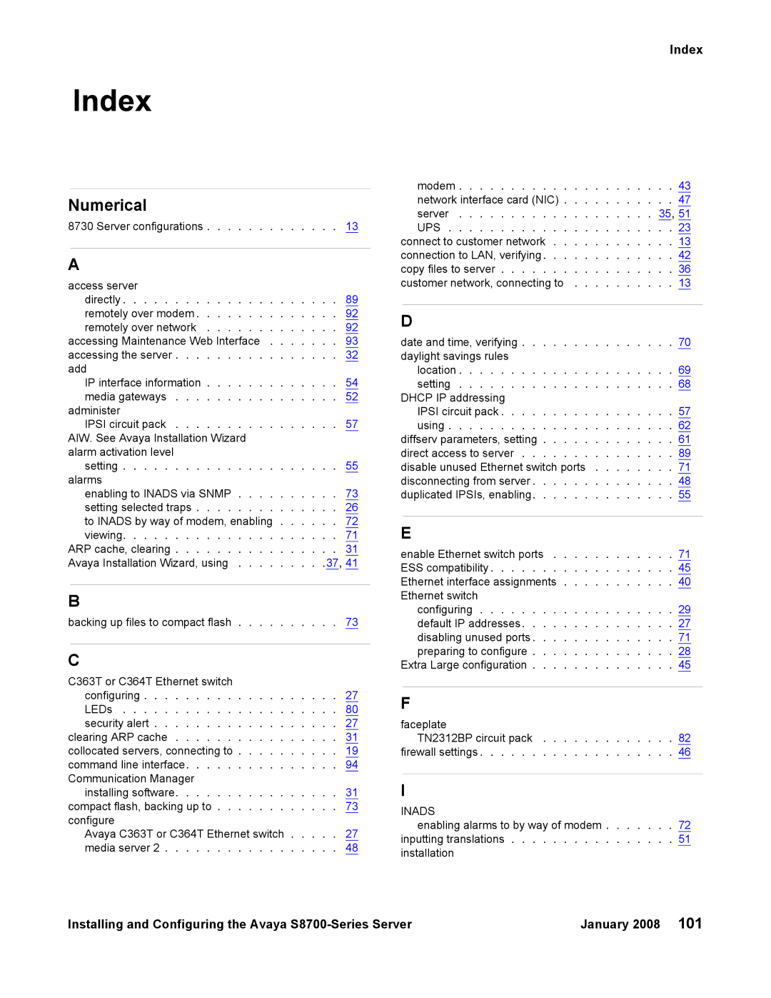 Avaya S8700 manual Index, Numerical 