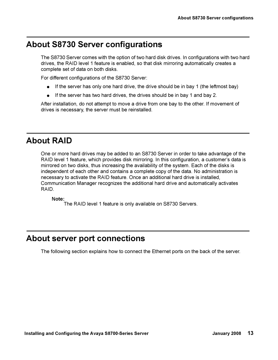 Avaya S8700 manual About S8730 Server configurations, About RAID, About server port connections 