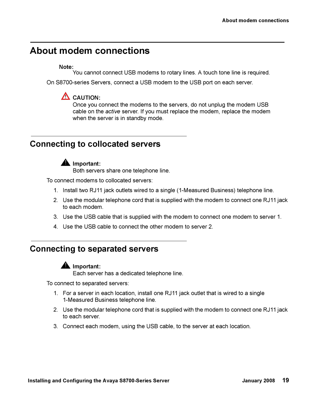 Avaya S8700 manual About modem connections, Connecting to collocated servers, Connecting to separated servers 