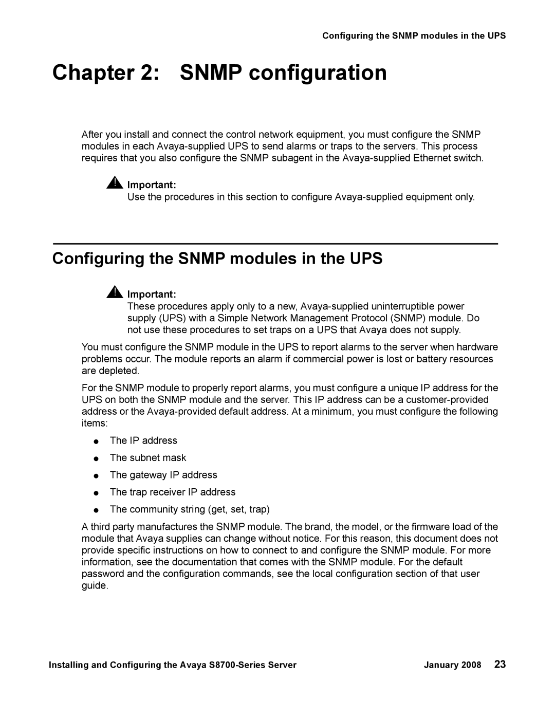 Avaya S8700 manual Snmp configuration, Configuring the Snmp modules in the UPS 