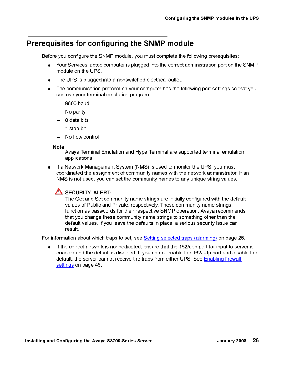 Avaya S8700 manual Prerequisites for configuring the Snmp module, Security Alert 