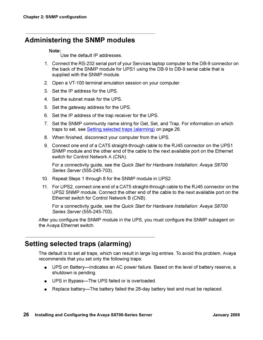 Avaya S8700 manual Administering the Snmp modules, Setting selected traps alarming 