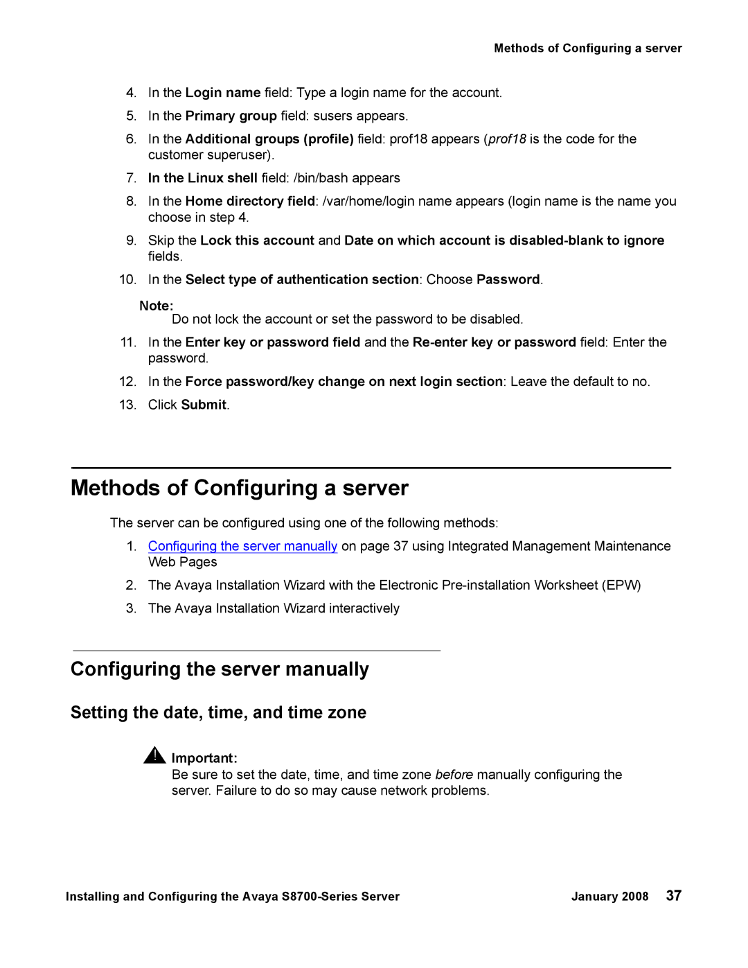 Avaya S8700 Methods of Configuring a server, Configuring the server manually 