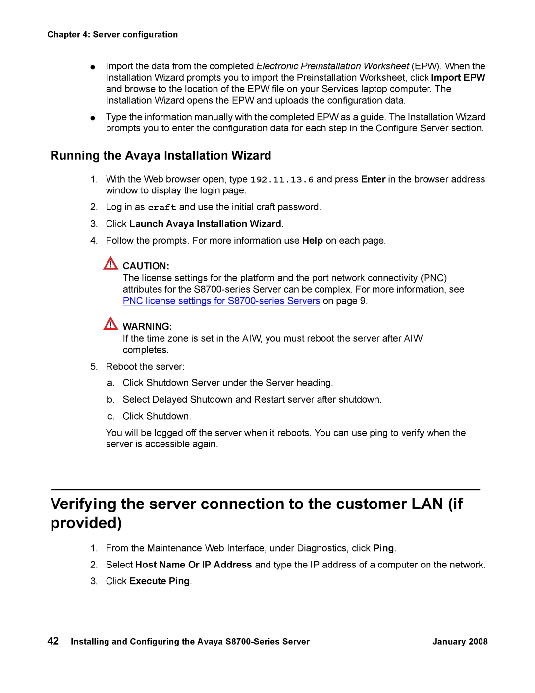 Avaya S8700 manual Click Launch Avaya Installation Wizard, Click Execute Ping 