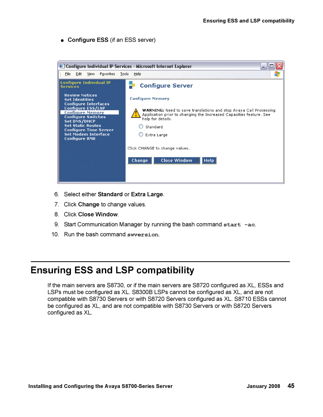 Avaya S8700 manual Ensuring ESS and LSP compatibility, Select either Standard or Extra Large, Click Close Window 