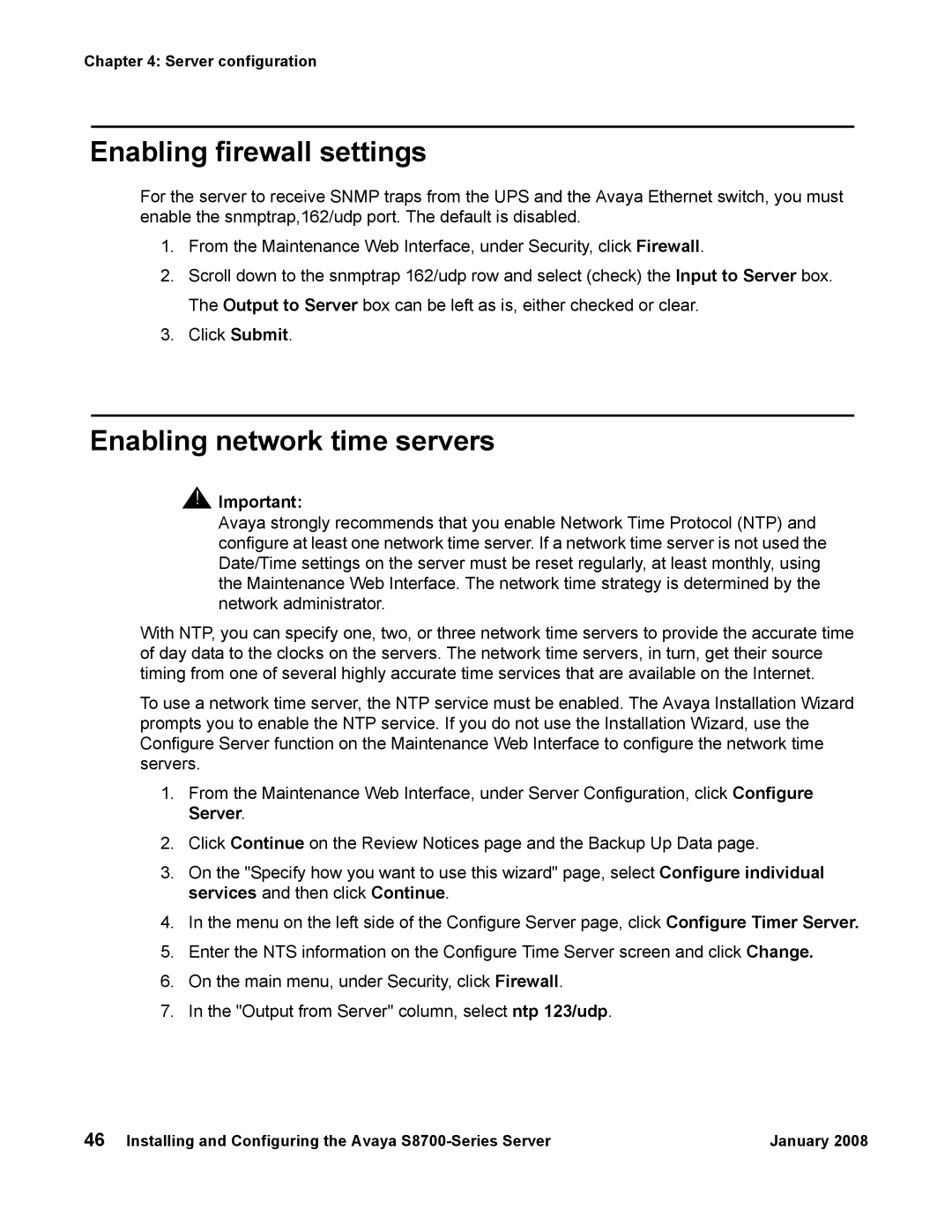 Avaya S8700 manual Enabling firewall settings, Enabling network time servers 