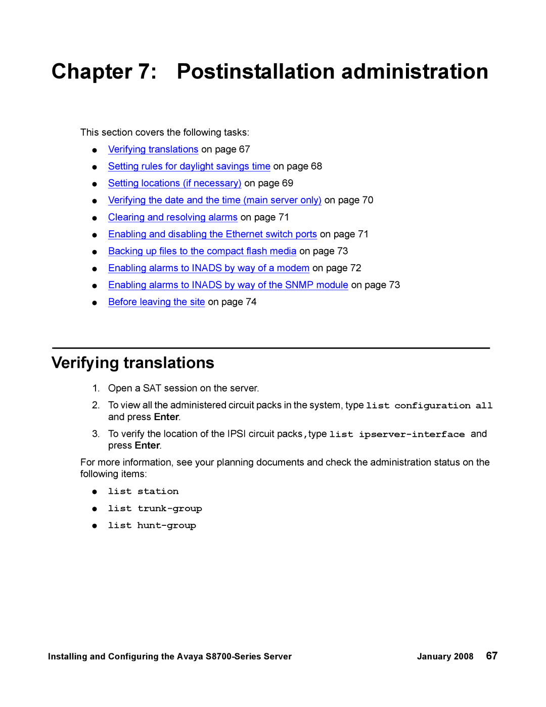 Avaya S8700 manual Postinstallation administration, Verifying translations 