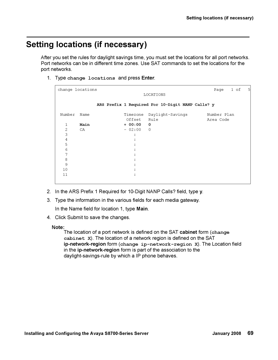 Avaya S8700 manual Setting locations if necessary, Type change locations and press Enter 