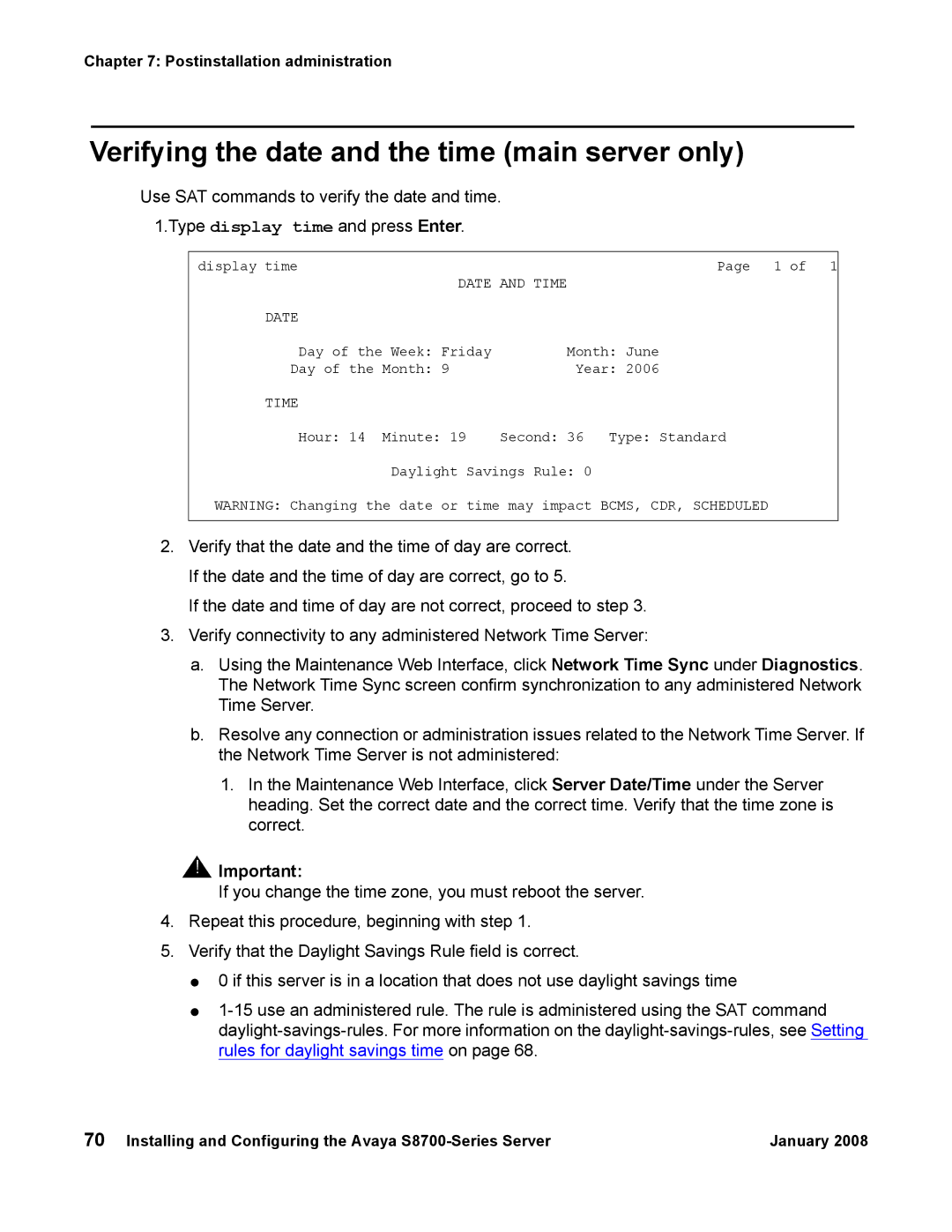 Avaya S8700 manual Verifying the date and the time main server only 