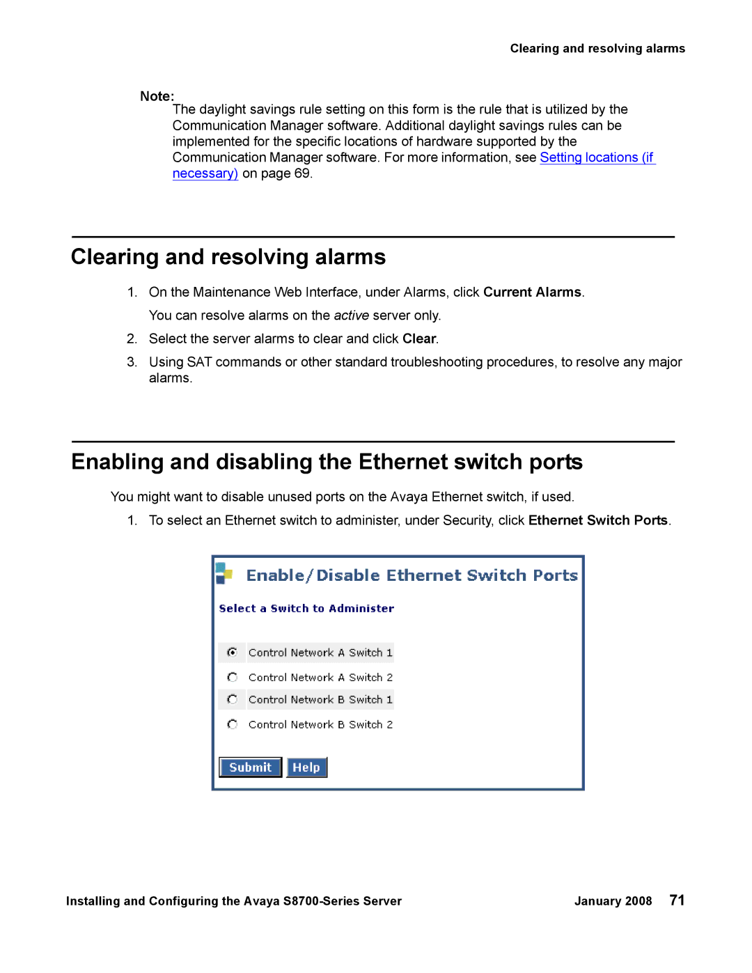 Avaya S8700 manual Clearing and resolving alarms, Enabling and disabling the Ethernet switch ports 