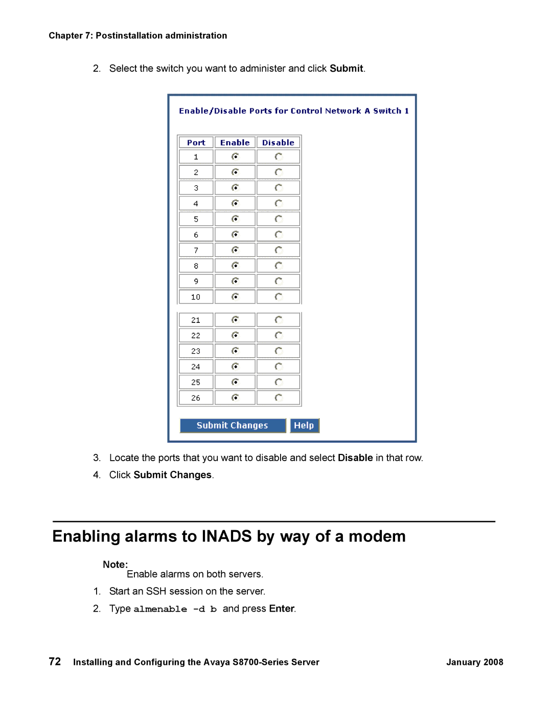 Avaya S8700 manual Enabling alarms to Inads by way of a modem, Click Submit Changes 