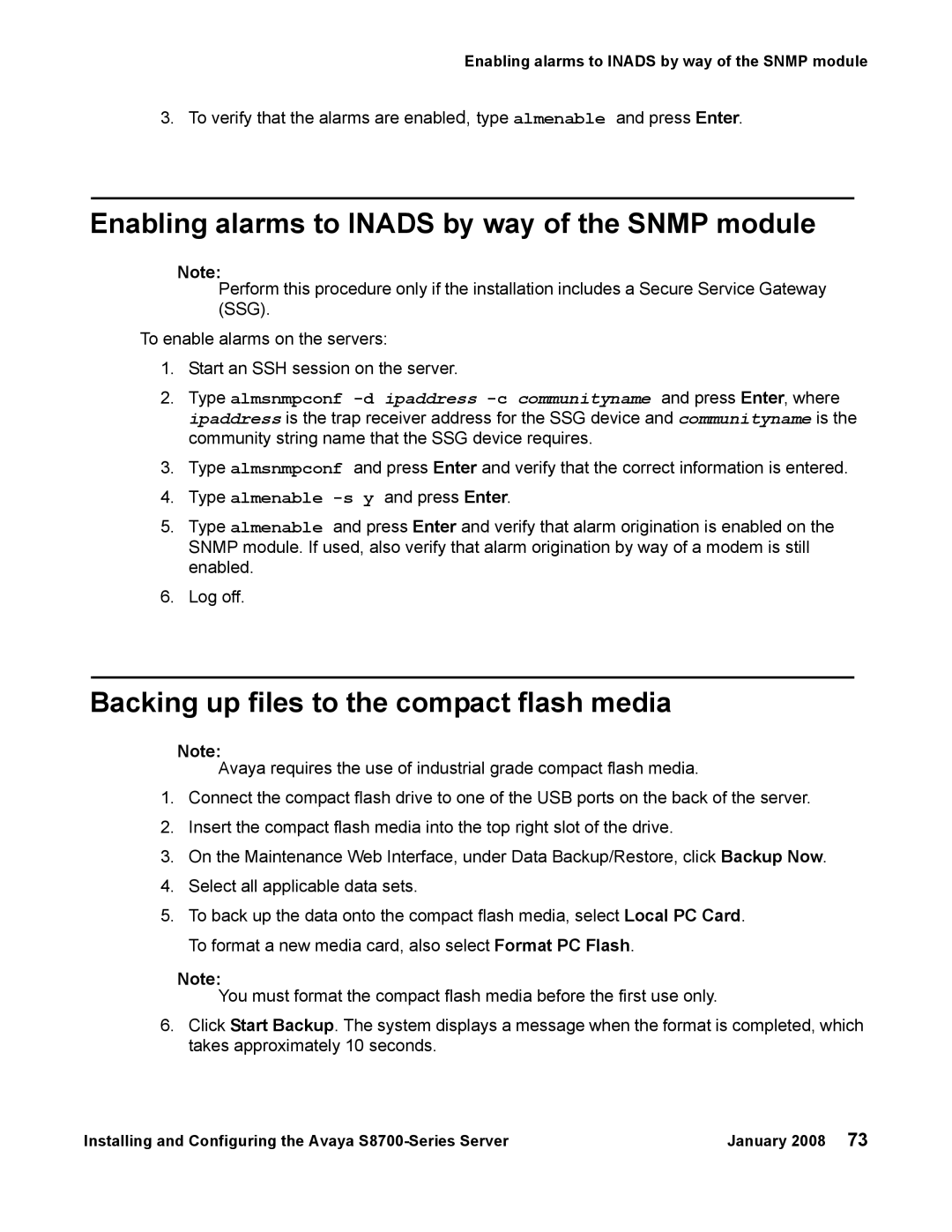 Avaya S8700 manual Enabling alarms to Inads by way of the Snmp module, Backing up files to the compact flash media 