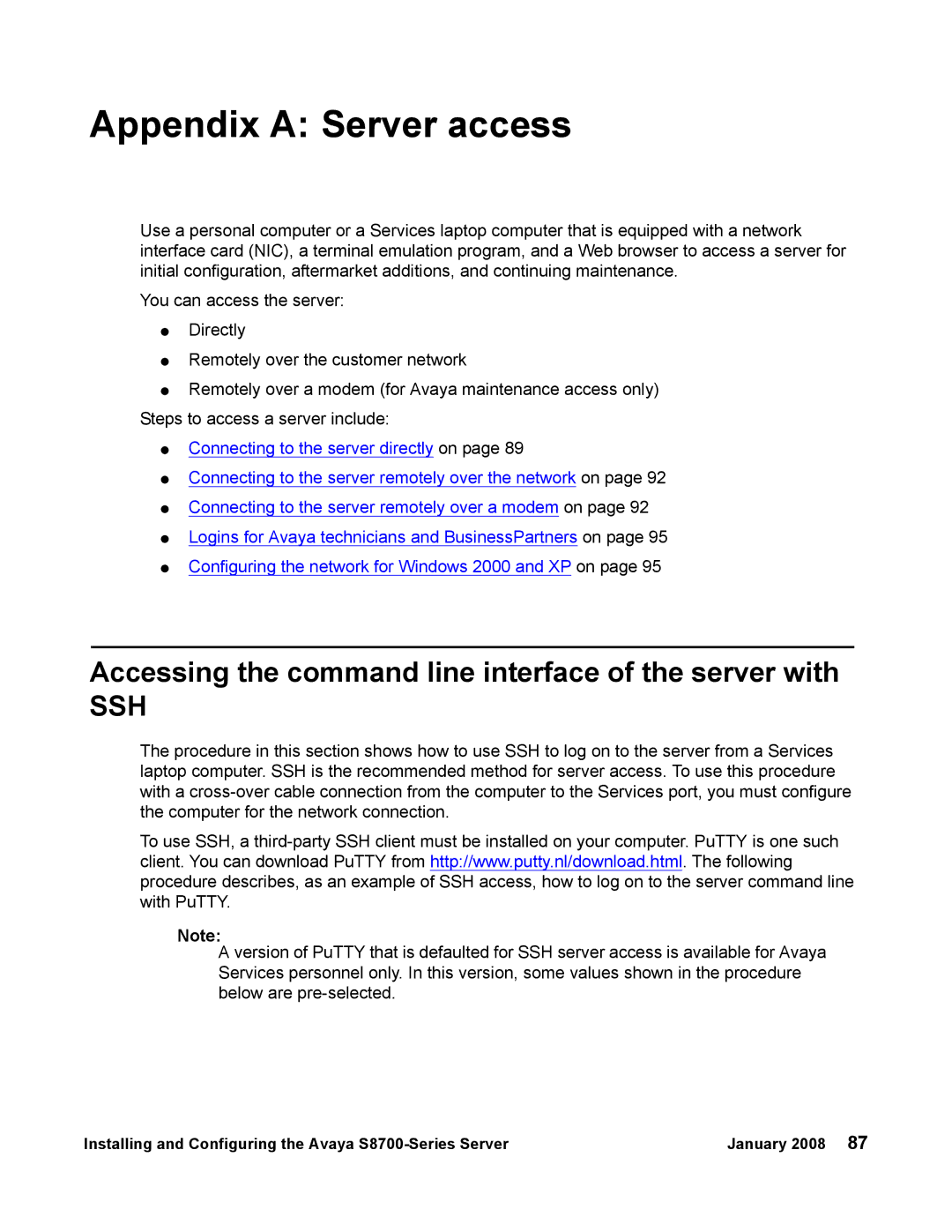 Avaya S8700 manual Appendix a Server access, Accessing the command line interface of the server with 