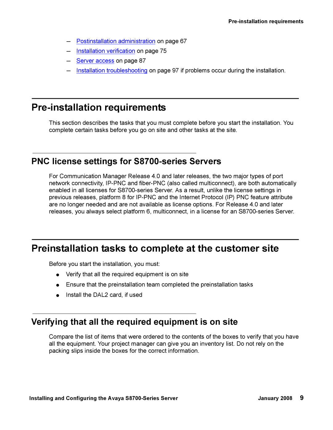 Avaya S8700 manual Pre-installation requirements, Preinstallation tasks to complete at the customer site 