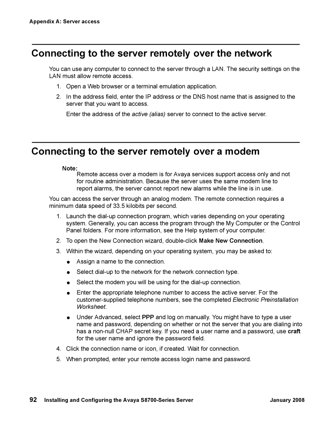 Avaya S8700 manual Connecting to the server remotely over the network, Connecting to the server remotely over a modem 