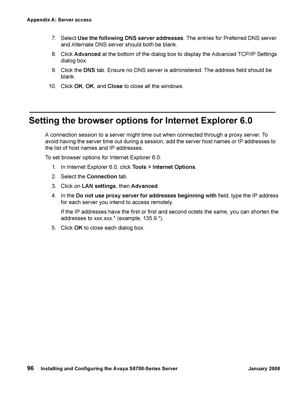 Avaya S8700 manual Setting the browser options for Internet Explorer, Click on LAN settings, then Advanced 