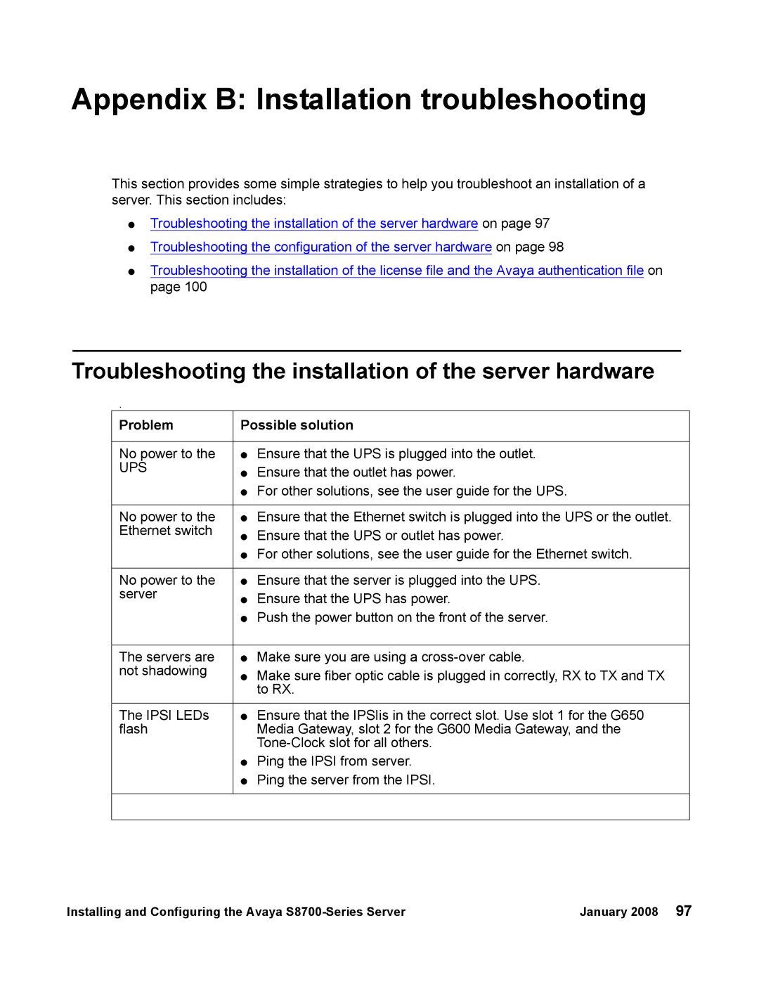 Avaya S8700 manual Appendix B Installation troubleshooting, Troubleshooting the installation of the server hardware 