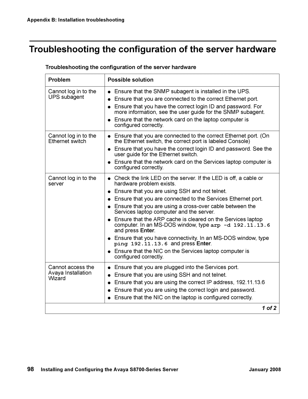 Avaya S8700 manual Troubleshooting the configuration of the server hardware, Ping 192.11.13.6 and press Enter 