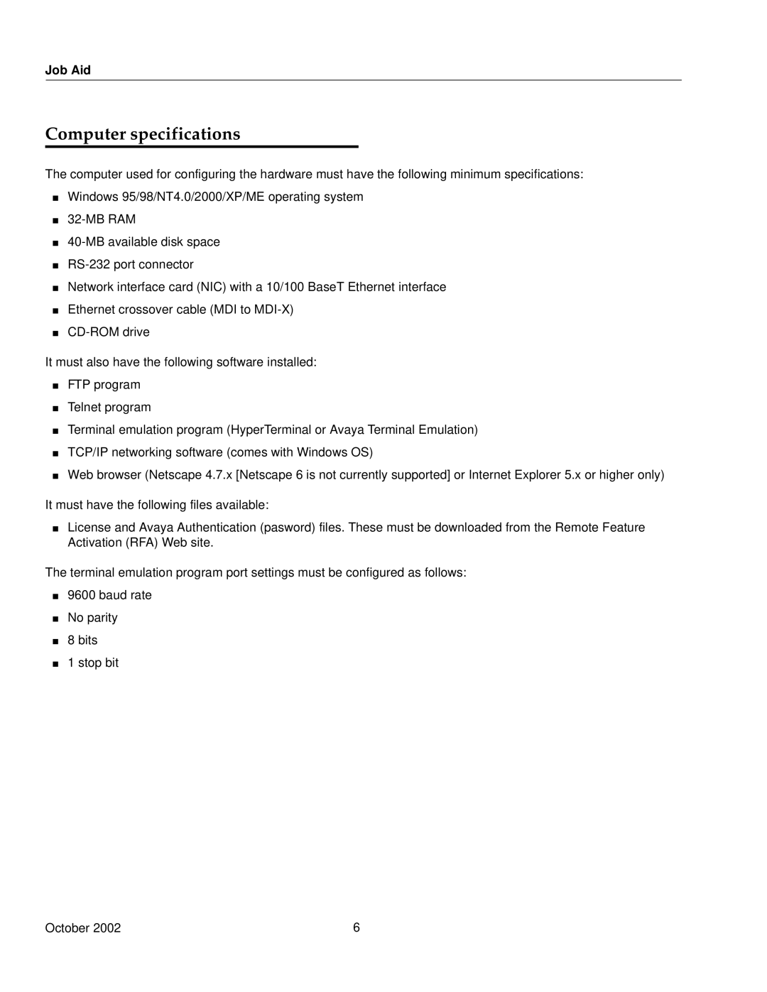 Avaya S8700 Computer specifications 