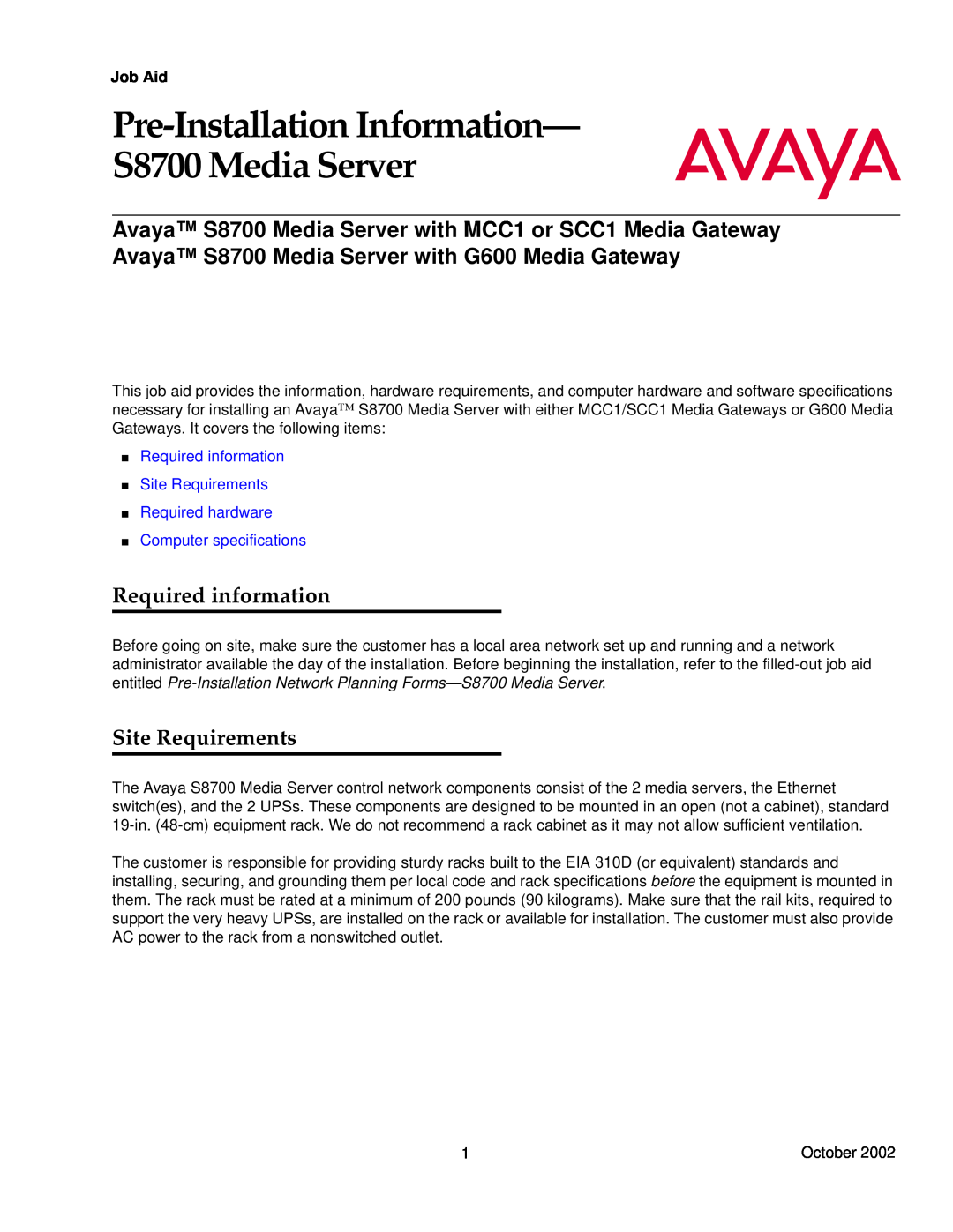 Avaya S8700 specifications Required information, Site Requirements, Job Aid, Computer specifications 