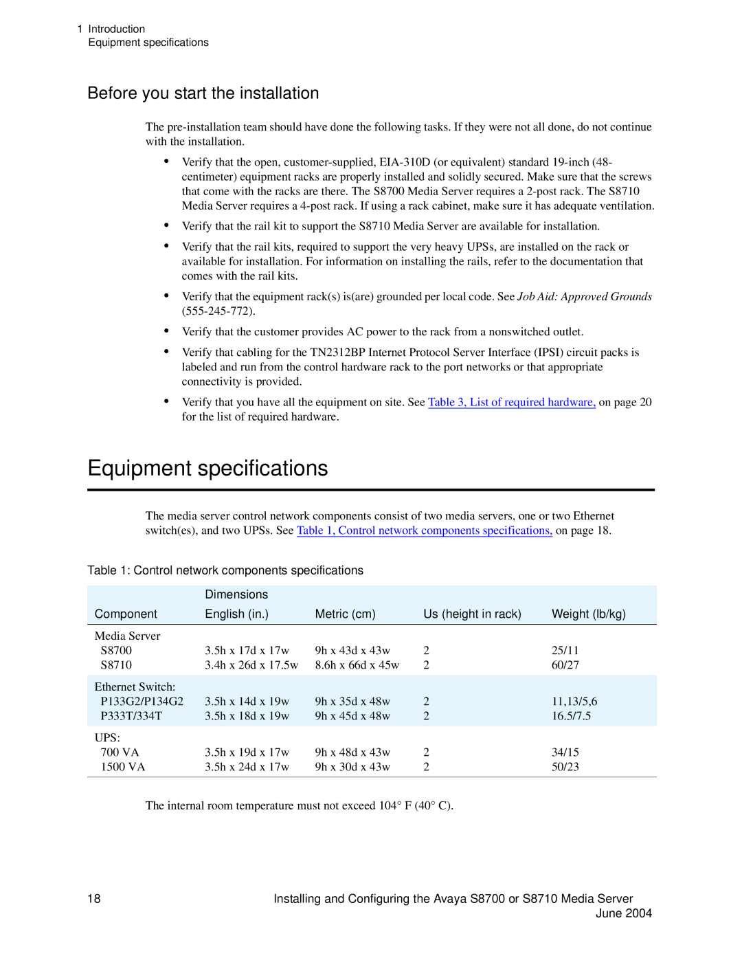 Avaya S8710 manual Equipment specifications, Before you start the installation 