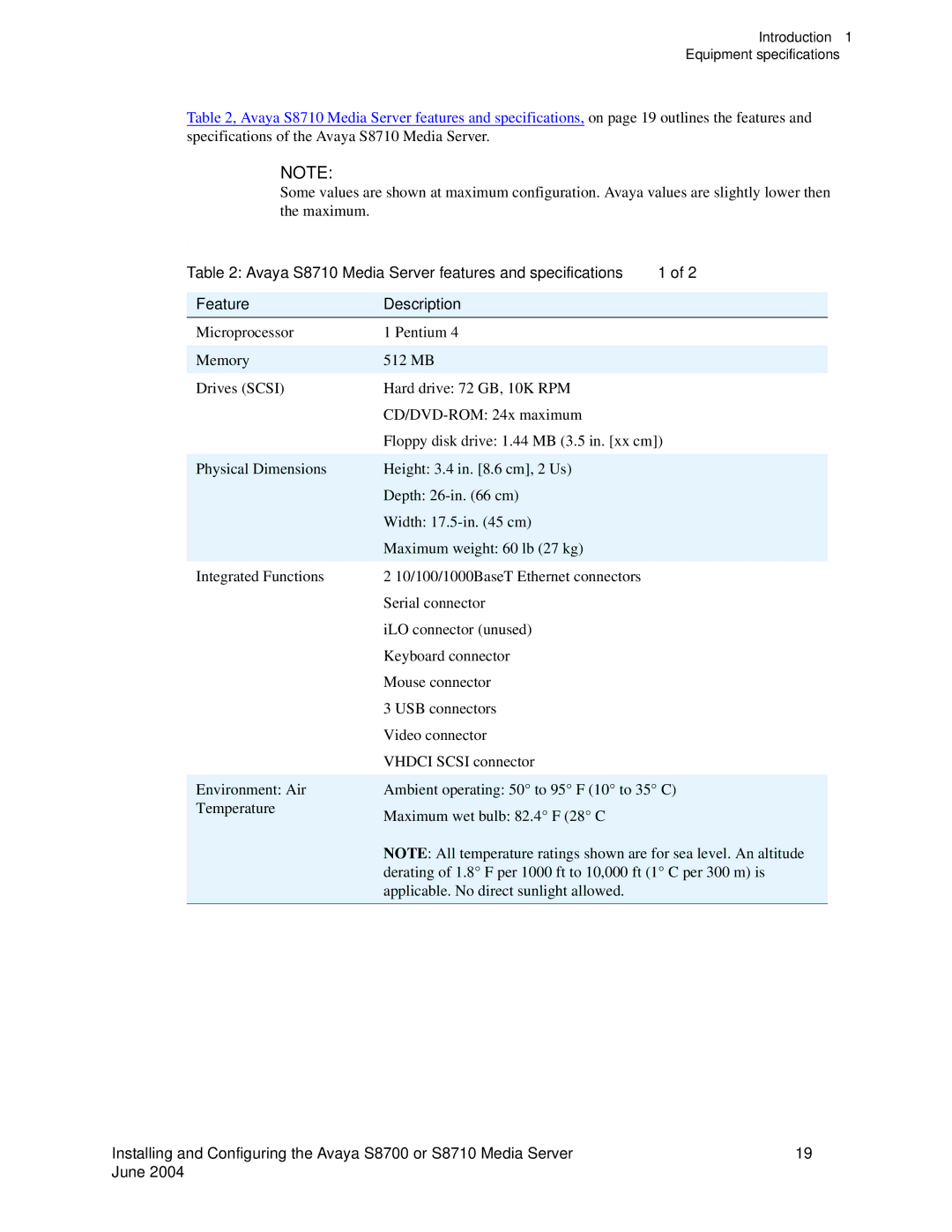 Avaya S8710 manual Equipment specifications 