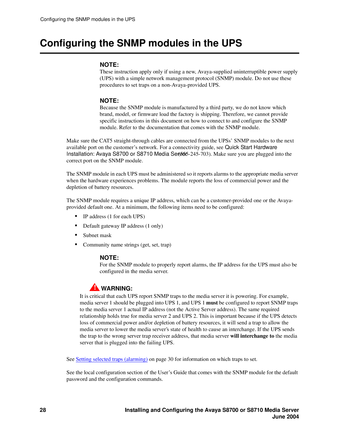 Avaya S8710 manual Configuring the Snmp modules in the UPS 