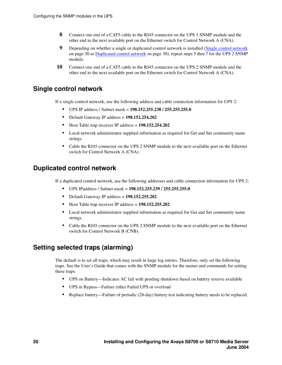 Avaya S8710 manual Single control network, Duplicated control network, Setting selected traps alarming 