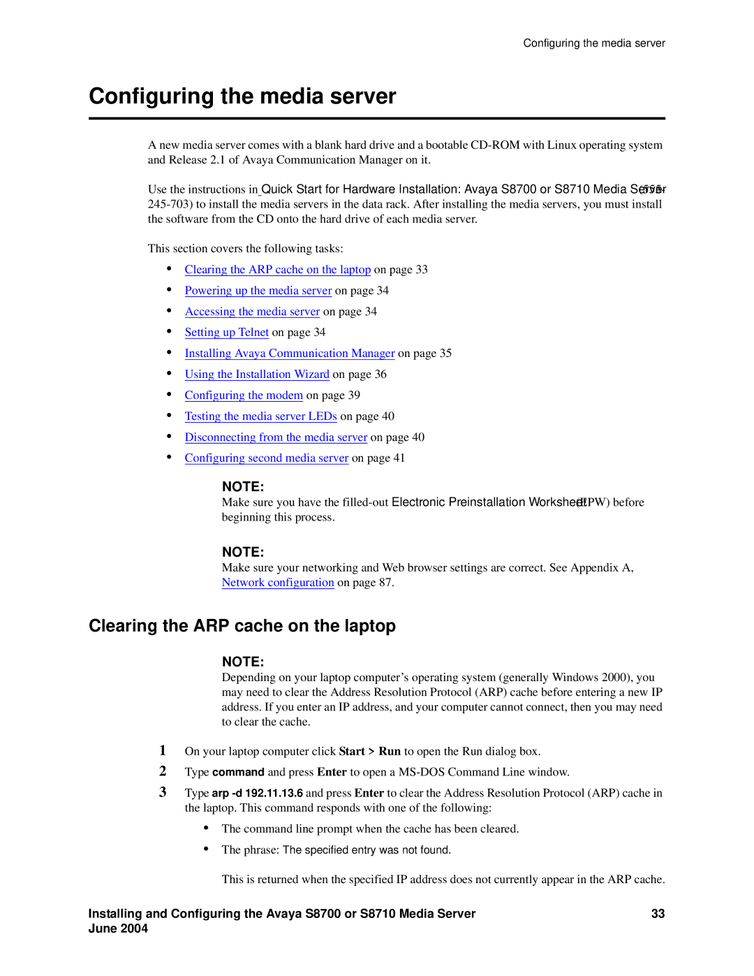 Avaya S8710 manual Configuring the media server, Clearing the ARP cache on the laptop 
