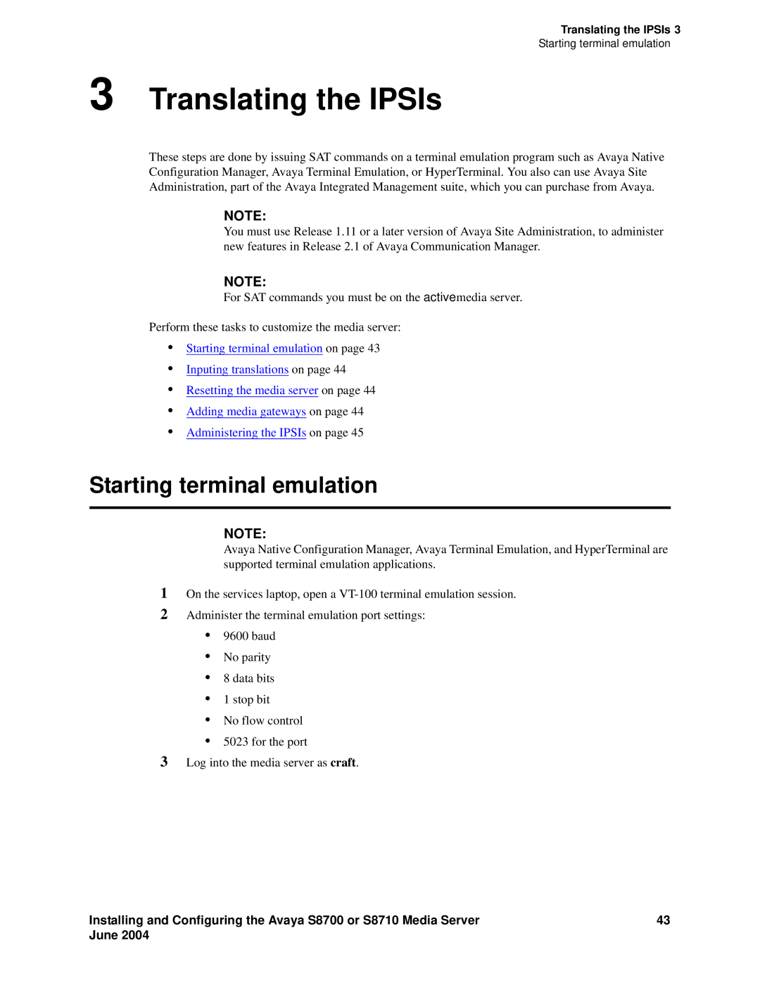 Avaya S8710 manual Translating the IPSIs, Starting terminal emulation 